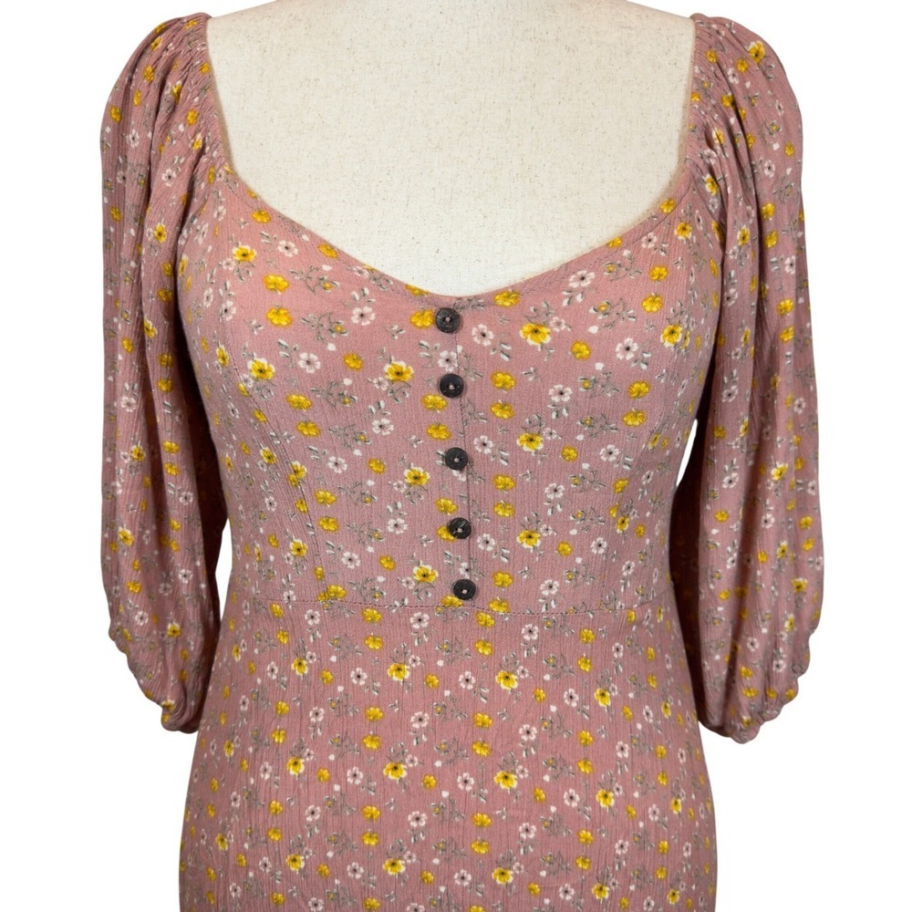 Floral Mini Dress Medium Dusty Rose Puff Sleeves Smocked Back Ruffle Hem Boho - Picture 2 of 11